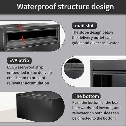 Wall Mounted Locking Mailbox for Outside, Heavy Duty Steel Black | Large capacity wall mounted mailbox, fits letters, magazines, parcels, waterproof design with secure lock