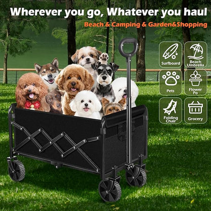 Wagons Carts Foldable, Collapsible Wagon, Foldable Wagon Cart with Wheels, Folding Wagons for Beach Camp Sports Garden, 2 Cup Holders/Lightweight Portable/Black/360 LBS