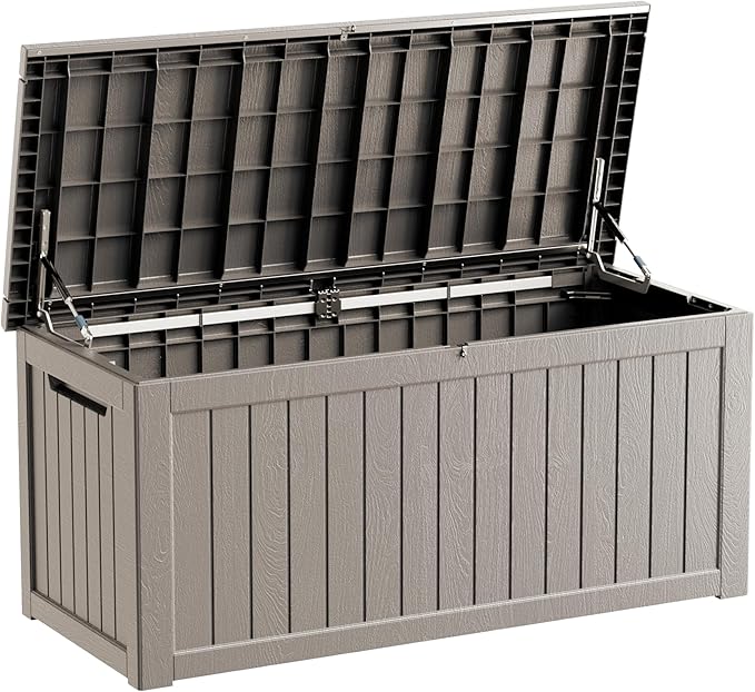 270 Gallon Waterproof Large Resin Deck Box Indoor/Outdoor Lockable Storage Container and Seating for Garden, Pool, and Patio (270 Gallon, Grey)