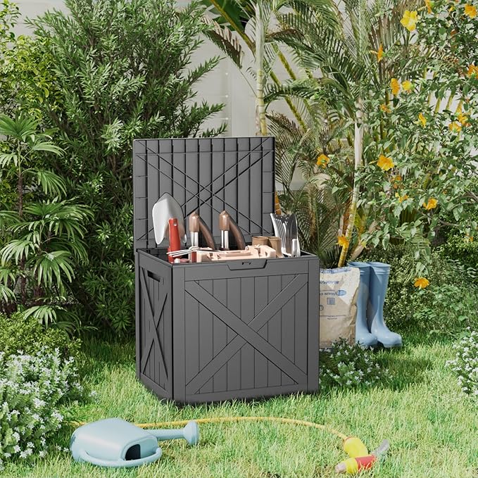 Vixzen 32 Gallon Resin Deck Box - Lockable Outdoor Storage for Patio Cushions, Garden Tools, Pool Supplies，Black