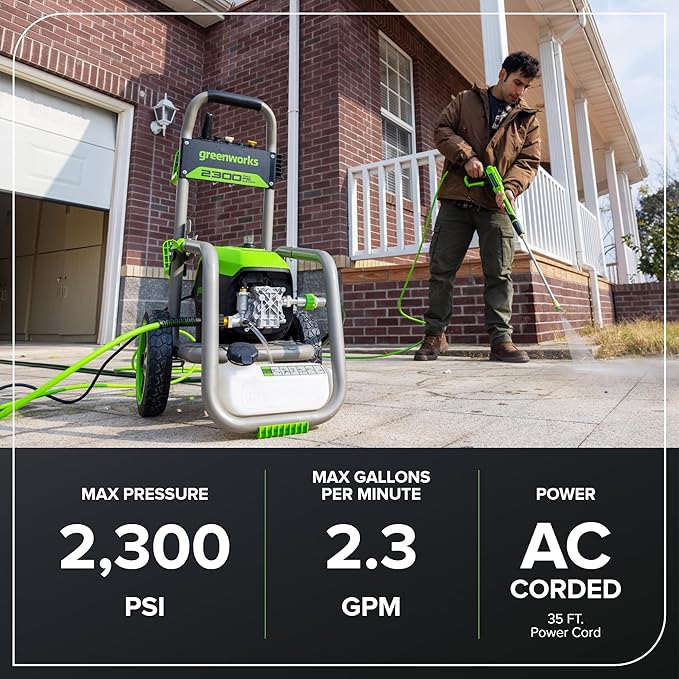 Greenworks Pro Brushless 2300 PSI (SGS Certified) 2.3 GPM Max / 1.2 GPM Electric Pressure Washer (Foldable Handles, Rugged Steel Frame, 25 FT Hose, 35 FT GFCI Power Cord)