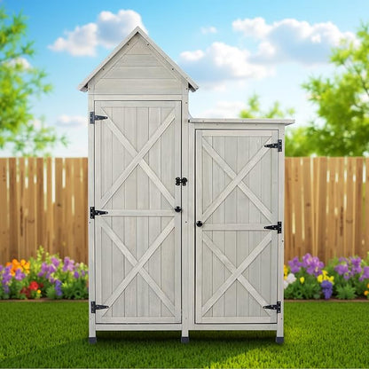 Outdoor Storage Cabinet - Waterproof Metal Roof & Wooden Vertical Design, Tall Garden Tool Shed with Multiple Shelves for Patio, Backyard, Lawn, Yard (Gray, 22" x 46" x 67")