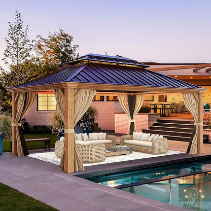 YOLENY 12'x16' Hardtop Gazebo, Wood Grain Aluminum Frame Outdoor Gazebo with Double Galvanized Steel Roof, Permanent Metal Pavilion with Curtains and Nettings for Patio, Backyard, Deck and Lawns