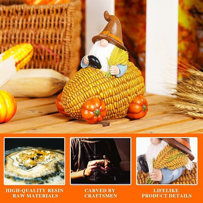 Autumn Gnome Statue Corn Car with Pumpkin Wheel Enchanting Fall Resin Figurine for Thanksgiving Party Home and Outdoor Decor