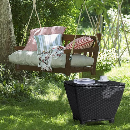 Outvita Outdoor Side Table, Rattan Coffee Table with Storage 13 Gallon Patio Small Deck Storage Box for Cushion Towel Books, Brown Side Table with lid
