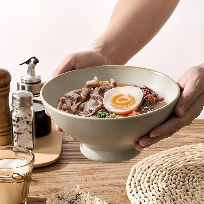 Ceramic Japanese Ramen Bowl Set, 8 Inch Large Noodle Bowl Set of 2, Dishwasher Safe for Asian Pho Udon Soba Noodle, Salad Pasta, Deep Soup Bowls, Speckled Light Gray