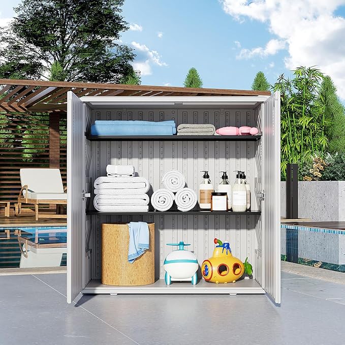 KINYING Outdoor Storage Cabinet Waterproof, Resin 60 Gallon Deck Box for Patio Furniture Cushions, Garden Tools, Pool Tools and Kids’ Toys (Off White with 1 Shelving)