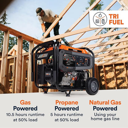 Generac 12,500 Starting Watt Tri-Fuel Portable Generator - Electric Start - Gas, Propane or Natural Gas - Home Backup, Jobsite, or RV - Quiet Operation - Long Runtime - 50-State Compliant