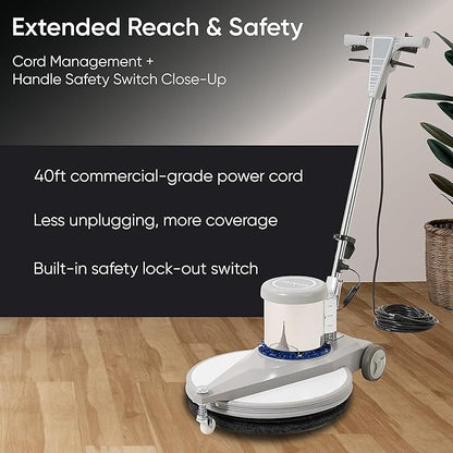 20" High-Speed Commercial Floor Burnisher, 1.5 HP, 1500 RPM, 40ft Cord, Rubber Bumper Guard, with Red, White & Black Pads for Cleaning, Polishing & Stripping