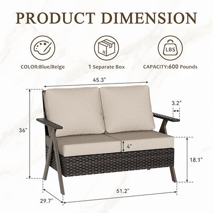 Patio Loveseat, All-Weather Wicker Rattan 2 Seater Sofa with Cushions, Outdoor Patio Furniture Sofa Set for Patio, Balcony, Backyard, Deck, Poolside