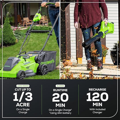 Greenworks 40V 16" Brushless Cordless (Push) Lawn Mower + Blower (350 CFM), 4.0Ah Battery and Charger Included (75+ Compatible Tools)