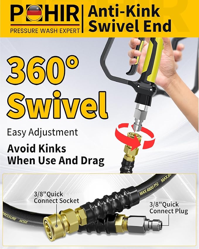 3/8" Pressure Washer Hose 70FT 4800PSI, Power Washer Hose Steel Wire Braided with Swivel Quick Connect, Commercial Grade Industrial High Pressure Water Washing Hose (4800PSI, 70FT)