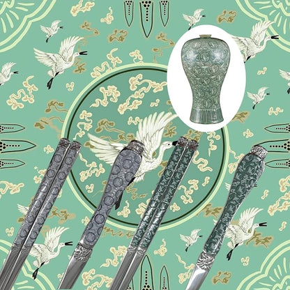 [Made in Korea] Goryeo Celadon Design Korean Table Sticky Rice Spoon and Chopsticks 430 Stainless Steel Glossy Surface Mukbang Cutlery (White and Blue)