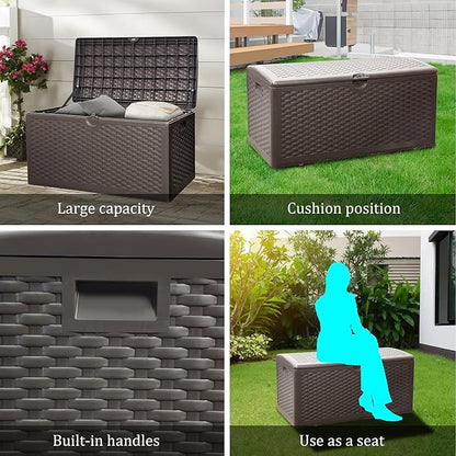 80 Gallon PLUS Lockable Deck Box, Waterproof & UV-Resistant Outdoor Storage for Patio Cushions, Heavy Duty Resin Deck Storage Container(Brown)