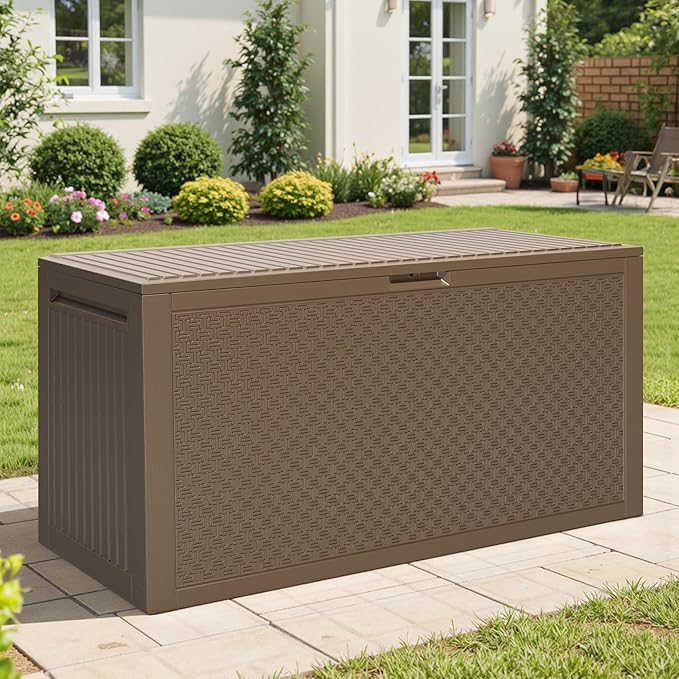 90 Gallon Outdoor Deck Box, Waterproof Outdoor Storage Box, Durable Resin Bin for Patio Cushions, Garden Tools and Pool Accessories, Lockable with UV Protection, Brown, Patio Furniture