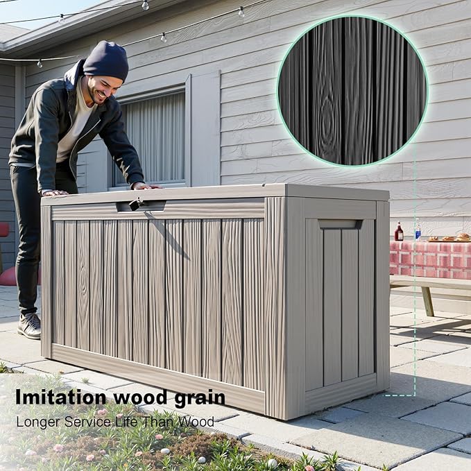 86 Gallon Outdoor Deck Box,Storage Lockable Waterproof Patio Furniture,Garden Tools,Cushions,Pool Accessories Outside Storage Resin Box(Grey)