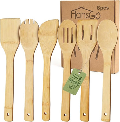 HANSGO Bamboo Kitchen Utensils Set – 6-Piece Wooden Cooking Set for Nonstick Cookwares and Cast Iron Pans, Durable Wooden Spoons, Perfect Housewarming Gifts, Apartment Essentials