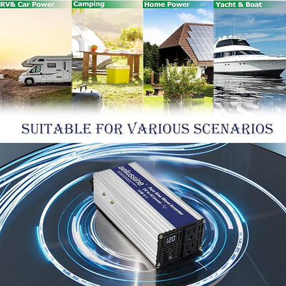 600W Pure Sine Wave Inverter-12V DC to 110V 120V AC Power Converter with 2 AC Outlets, 12 Volt Power Inverter for Truck, Rv, Camping, Home, Emergency Power