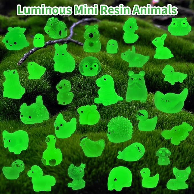 180pcs Luminous Mini Resin Animals Colorful Tiny Small Little Glow in the Dark Mini Resin Figures to Hide Miniature Animal Figurines for DIY Dollhouse Micro Garden Landscape Aquarium Decor Gift Crafts
