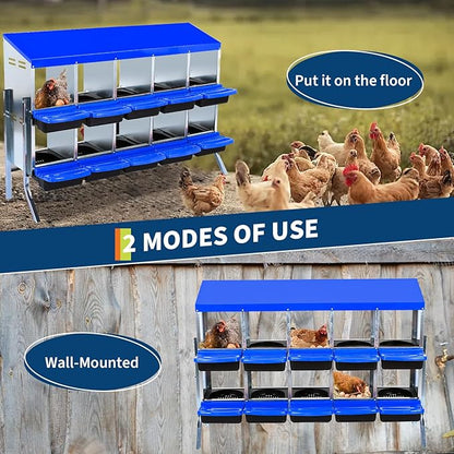 10-Compartments Chicken Nesting Boxes with Roll Out Egg Collection and Large Vented Holes,Metal Nesting Boxes for Chickens, Hens, Ducks,Wall Mount/Freestanding Poultry,Blue