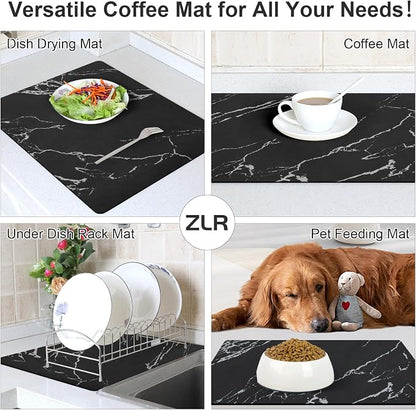 ZLR Coffee Bar Mat for Espresso Machine, 12"x20" Medium, Marble Black | Absorbent Dish Drying Mat, Stain-Hiding PU Top, Non-Slip Back, Fits Grinder, Knock Box, Tamper & Milk Frother
