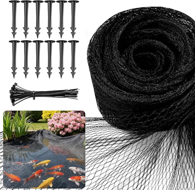 10 x 10Ft Pond Netting for Koi Ponds, Koi Pond Net Cover, Durable & Sturdy Pond Netting Cover for Leaves, Protect Koi Fish Against Herons, Raccoons, Cats & Predators, 12pcs Stakes Included