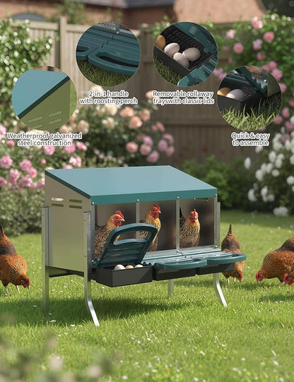 Chicken Nesting Boxes, 3 Hole Metal Rollaway Nest Box for Laying Hens with Cleanable Pull-Out Trays Wall Mount or Placed Design for Easy Egg Collection & Cleaning(Includes Legs)