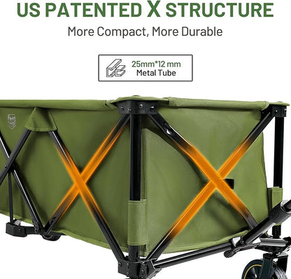 Timber Ridge 51.2'' Extended Collapsible Wagon Cart with Brakes and Cargo Net, Heavy Duty Foldable Utility Wagon with Adjustable Handle, 400L Capacity Portable Cart for Camping Sports Shopping