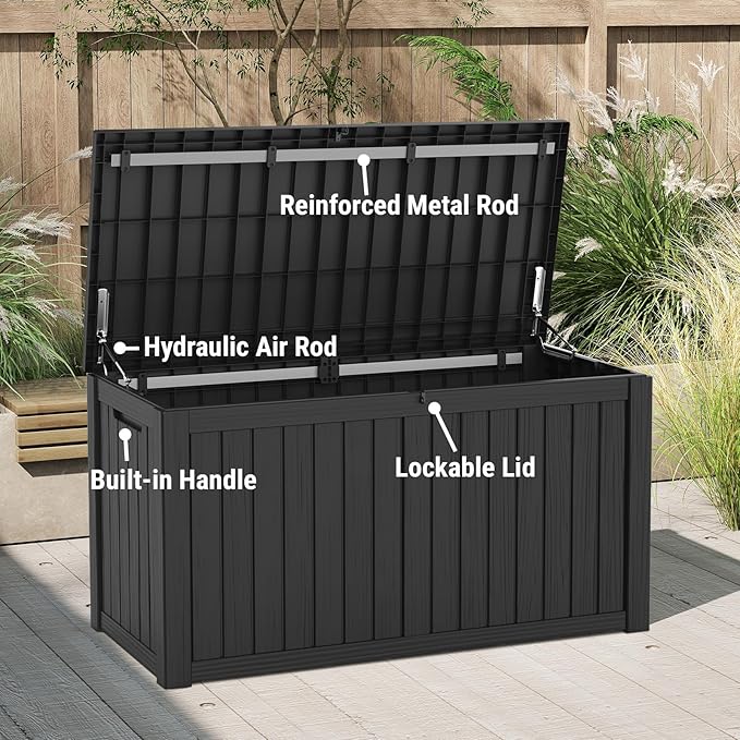 Mars Villa 150 Gallon Outdoor Storage Box Waterproof, Large Resin Deck Box for Outdoor Patio Furniture Cushions, Pool Supplies, Garden Tools, with Hydraulic Hinge, UV-Resistant and Weatherproof, Black