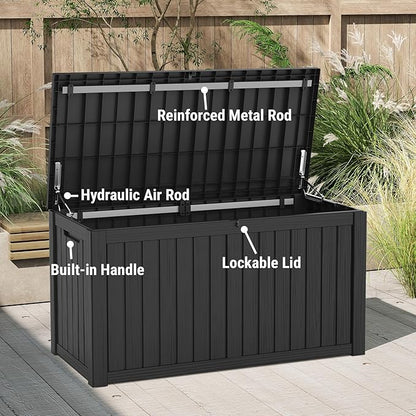 Mars Villa 150 Gallon Outdoor Storage Box Waterproof, Large Resin Deck Box for Outdoor Patio Furniture Cushions, Pool Supplies, Garden Tools, with Hydraulic Hinge, UV-Resistant and Weatherproof, Black