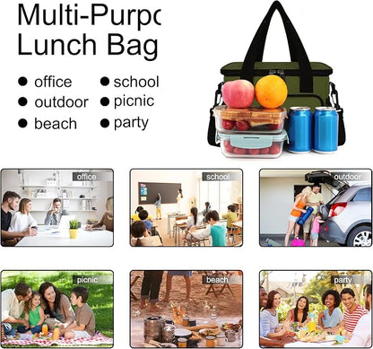Lunch Bags for Women/Men, Insulated Lunch Bag for Work Office Picnic - Large Lunch Cooler Bag Leakproof Lunch Box with Adjustable Shoulder Strap for Adults - Army Green