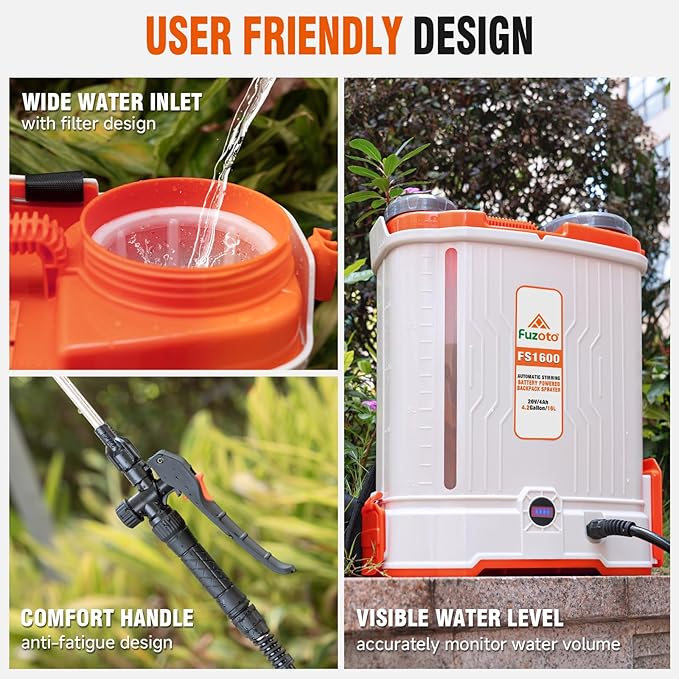 Battery Powered Backpack Sprayer 4.2Gallon, 45-90PSI Adjustable Pressure, 6 Hours Long Battery Life, Electric Backpack Garden Sprayer with 6 Spray Nozzles for Lawn, Garden, Yard