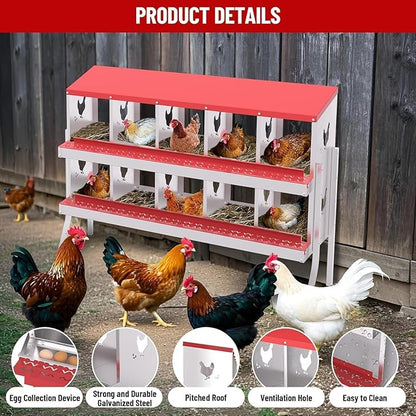 Metal Chicken Nesting Box, 10 Compartments, Rollout Egg Collection, Large Vented Holes, Perch Included, Wall Mount or Free Standing Laying Box for Hens and Chickens - Red with Legs