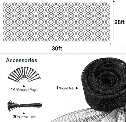 Pond Netting Cover for Leaves, 28 x 30 Koi Pond Net Cover, Durable & Sturdy Pond Netting for Koi Ponds, Protect Koi Fish Against Herons, Raccoons, Cats & Predators, 14pcs Stakes Included