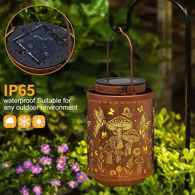 Solar Lanterns Outdoor Waterproof Mushroom Butterfly Garden Decor Gifts for Women Mon Grandma Metal Hanging Solar Lights Decoration for Outside LED Lanterns for Yard Patio Lawn