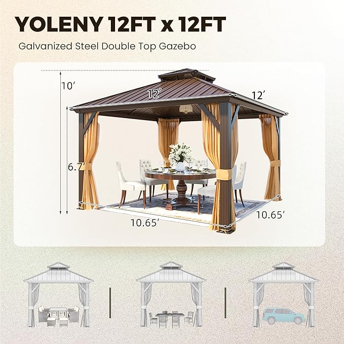 YOLENY 12' x 12' Gazebo Hardtop with Aluminum Frame,Galvanized Steel Double Roof Gazebos with Curtain and Netting,Outdoor Metal Pergolas for Garden, Lawn, Deck, Brown