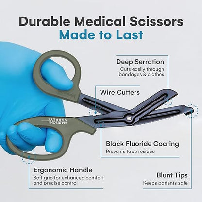 Trauma Shears - 7.5 Inch Green Medical Shears with Quality Stainless Steel, Non-Stick Fluoride-Coated Blades, High-Impact Handles - 2 Pack EMT Nurse Scissors (Black/Green)
