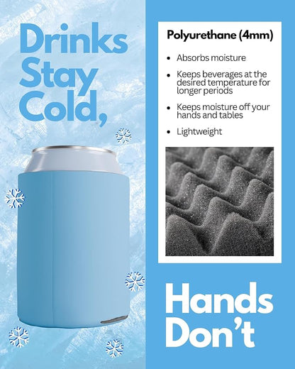 PartyPrints 25 Pack Placid Blue Blank Can Cooler Sleeves, Customizable Bulk Insulated Foam for Beer, Collapsible Plain Drink Holder, Cold Soda Insulator, 12oz Regular, 16oz Tall Cans
