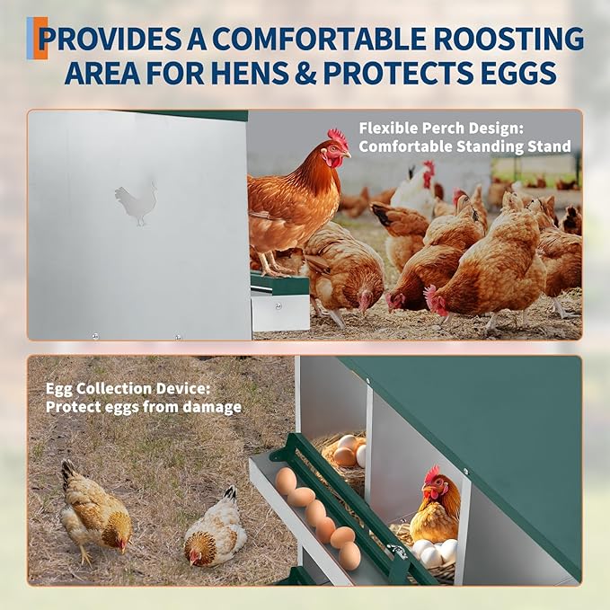 Chicken Nesting Boxes, 4-Hole Nesting Boxes for Chicken Coop with Lid, Metal Laying Boxes for Hens with Swing Perch and Roll Away Egg Collection for Chicken Coop, Double Layer 4 Compartments