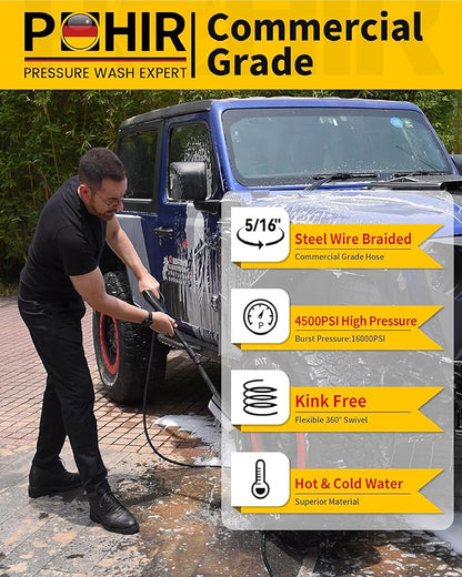 POHIR 100FT Pressure Washer Hose 4500PSI, Power Washer Hose Steel Wire Braided 3/8'' Swivel Quick Connect, 5/16'' ID. Commercial Grade Industrial High Pressure Water Washing Hose