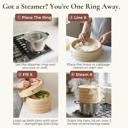 Stainless Steel Steamer Ring for Bamboo Steamer Basket 12-Inch | Fits 7 - 12 Inch Dumpling Steamer Baskets - Ring Adapter for Woks & Pots for Cooking Dim Sum, Rice, Bao Buns, Vegetables