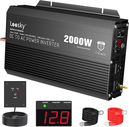 2000 Watt Power Inverter, 12V DC to 110V 120V AC Inverter, Car/Outdoor Home RV Truck Off-Grid Solar Power, Built-in UL Fuses, Compatible with Lithium Battery, 15FT Remote Controller, 2.4A USB Port