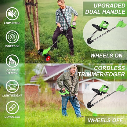 Electric Weed Wacker Cordless Eater 2 Battery,Foldable and Lightweight Grass Trimmer/Brush Cutter,5 Types Blade&Wheels 21V 4.0Ah Battery (2 Pieces) Powered for Garden and Yard (Foldable)