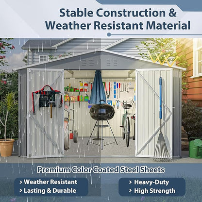 10X8 FT Outdoor Storage Shed, All Weather Metal Sheds withLockable Doors, Tool Shed for Garden, Patio, Backyard, Lawn, Grey