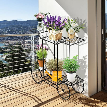Safstar 6 Tiered Metal Plant Stand w/4 Decorative Wheels, Multilayer Flower Display Shelf for Home, Garden, Patio, Parisian Style Potted Plant Rack Holder