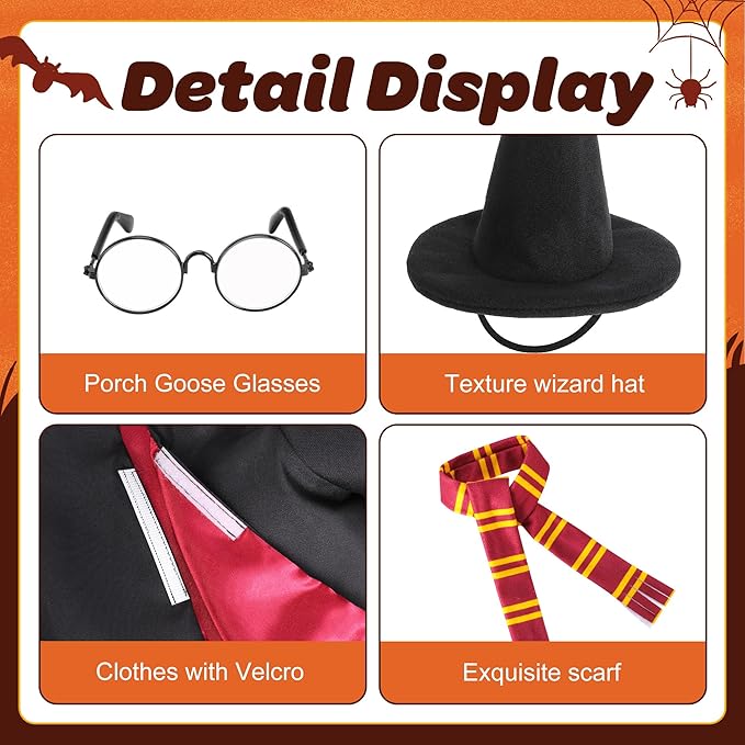 4 Pcs/Set Halloween Witch Goose Outfits, Lawn Porch Goose Statue Wizard Costume, Garden Goose Witches Clothes with Hat Scarf Glasses for 23" Statue Halloween Fall Christmas Outdoor Patio Yard Decor