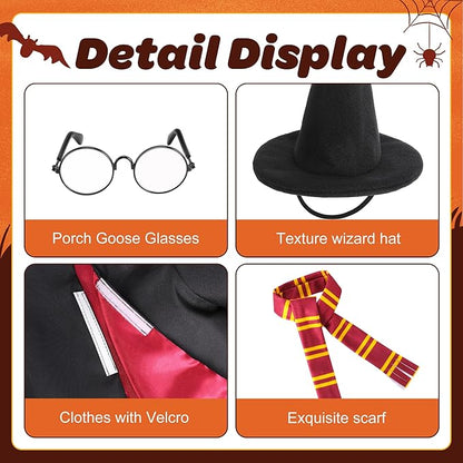 4 Pcs/Set Halloween Witch Goose Outfits, Lawn Porch Goose Statue Wizard Costume, Garden Goose Witches Clothes with Hat Scarf Glasses for 23" Statue Halloween Fall Christmas Outdoor Patio Yard Decor