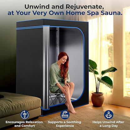 SereneLife Portable Sauna for Home, 2 Person Steam Sauna Tent with 4L Steamer, 2 Folding Sauna Chairs, Remote Control In-Home Spa, 71"x47" - inches (Black)