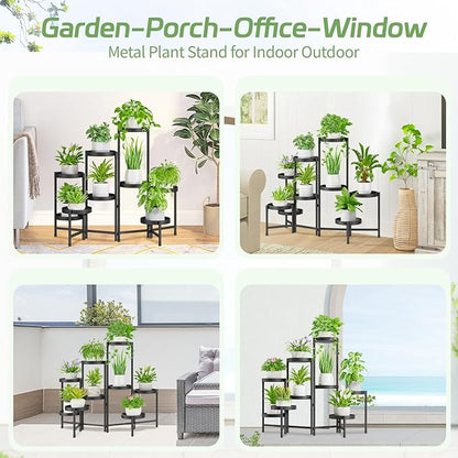 iDavosic.ly Plant Stand Indoor Outdoor, 9 Tier Corner Metal Flower Display Holder Shelf, Folding Tall Orchid Rack for Patio Balcony Porch Garden Living Room House, Black