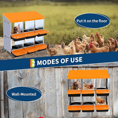 Chicken Nesting Box, 6 Compartment Roll Away Egg Laying Box for Hens, Wall Mounted & Freestanding (2 Modes of Use), Easy Egg Collection, Cleanable Pull Out Nesting Box, Org, NL
